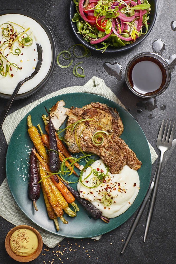 PORK CHOPS WITH MAIZE HERB CRUST CREAMY MAIZE & ROASTED CARROTS Recipe Image