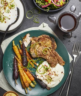 PORK CHOPS WITH MAIZE HERB CRUST CREAMY MAIZE & ROASTED CARROTS Recipe Image