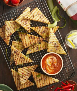 GRILLED MAIZE MEAL CAKES WITH SPRING ONION & CHILLI WITH CHILLI SAUCE Recipe Image